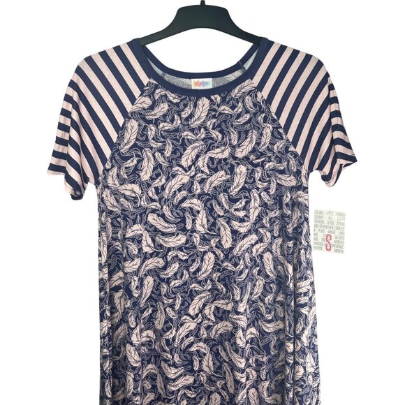 Lularoe Carly Striped Navy & Pink Feather Print High-Low Dress Small - Picture 3 of 14